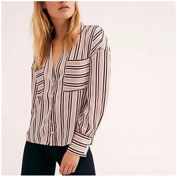 Free People Mad About You Satin Striped V Neck Button Down Shirt Medium - Picture 6 of 15